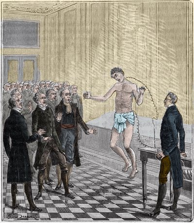 Il dottor Andrew Ure conduce esperimenti voltaici sul corpo del condannato a morte, Clydesdale, nel 1818 - incisione in 