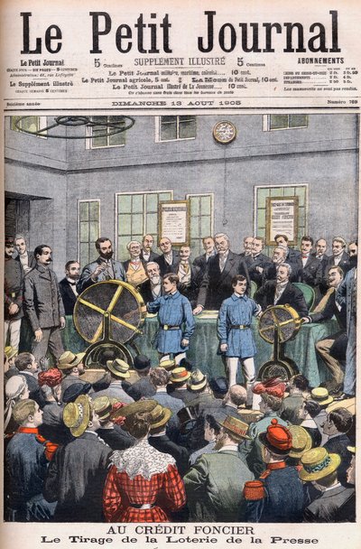 Disegno della Lotteria della Stampa negli uffici del Credit Foncier di Francia a Parigi. Credito fondiario. Il sorteggio della Lotteria della Stampa. Illustrazione per Le petit Journal da French School