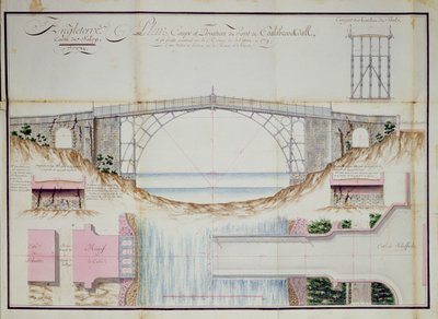 Disegni e sezione trasversale del ponte di ferro costruito nel 1779 a Coalbrookdale, Shropshire, Inghilterra, 1784 da French School