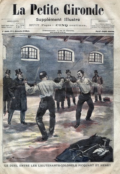 Affare Dreyfus: il duello tra i tenenti colonnelli Georges Picquart (1854-1914) e Hubert Henry (1846-1898) alla scuola militare di Parigi. Copertina di 