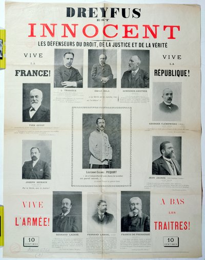 Dreyfus è innocente, manifesto con i ritratti dei suoi difensori, fine XIX secolo da French School