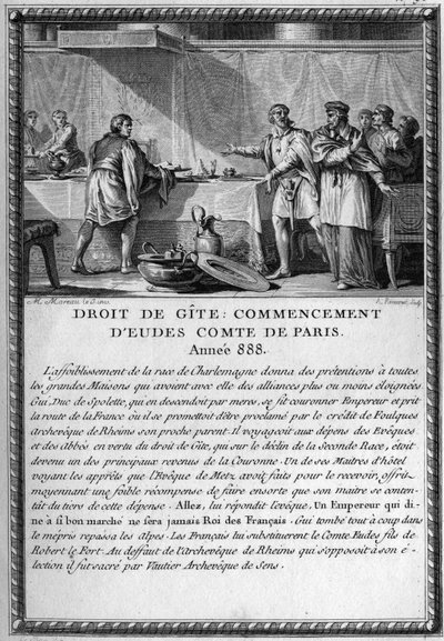 Droit de Gite, Inizio di Eudes, Conte di Parigi, anno 888. Re Guy (Gui) III, Duca di Spoleto (morto 894) fu ospitato dal Vescovo di Metz sotto il diritto di un cottage (diritto feudale che dava a un signore il diritto di essere ospitato dal suo popolo quan da French School
