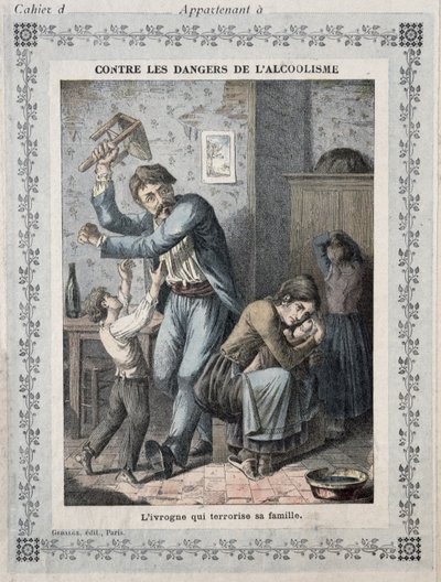 Ubriaco che terrorizza la sua famiglia, copertina di un quaderno scolastico, c.1900 da French School