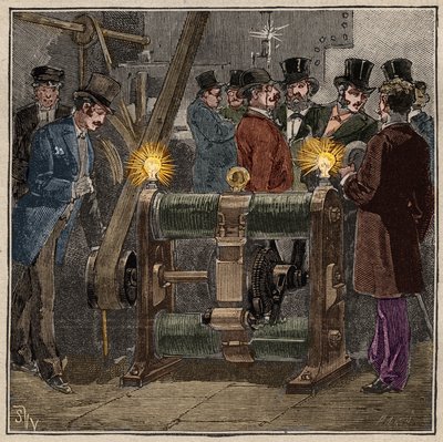 Macchina elettrica dinamica di tipo Gram (Zenobe Theophile Gram) che produce corrente continua, esperienza elettrica nella sala macchine del Conservatoire des arts et metiers de Paris (circa 1881). Incisione del 1885 in “Les arts et metiers illustres” di A da French School
