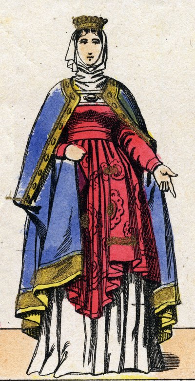 Dinastia dei Capetingi: Ritratto di Isabella di Hainaut (1170-1190) Regina di Francia, moglie di Filippo II detto Filippo Augusto (1165-1223). Immagine di Epinal della fine del XIX secolo. Collezione privata. da French School