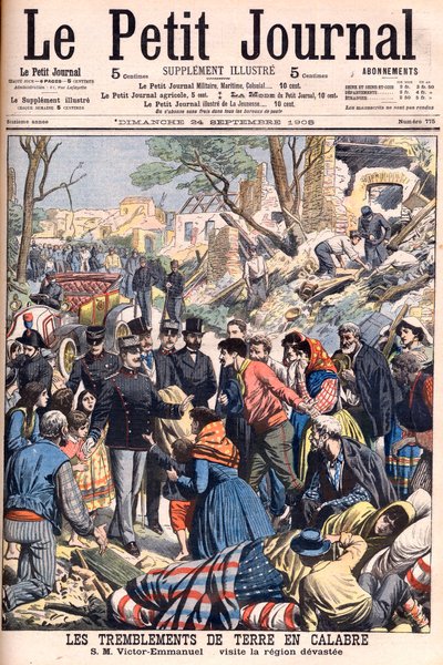 Terremoto in Calabria, Italia. Il re Vittorio Emanuele III visita le regioni devastate. Illustrazione per Le petit Journal, 24 settembre 1905 da French School