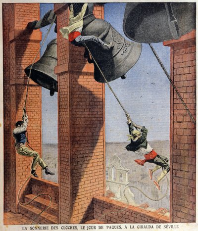 Campane di Pasqua che suonano alla Giralda di Siviglia, illustrazione di copertina per Le Petit Journal, 19 aprile 1908 da French School