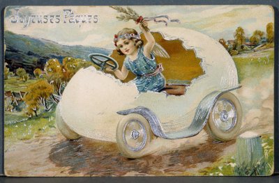 Cartolina di auguri di Pasqua raffigurante un piccolo angelo seduto su un guscio d