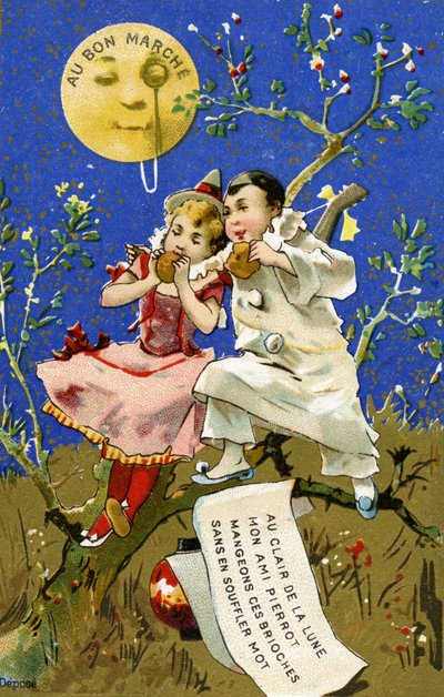 Mangiare brioches alla luce della luna, una carta promozionale per i grandi magazzini Bon Marché a Parigi, c.1890 da French School