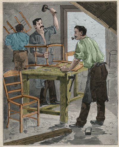 Ebanisteria: assemblaggio di sedie nel XIX secolo in Francia. Incisione del 1885 in "Les arts et metiers illustres" di Adolphe Bitard da French School