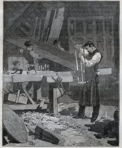 Ebanisteria: lavoratore ebanista che spacca una tavola. Incisione del 1885 in “Les arts et metiers illustres” di Adolphe Bitard. da French School