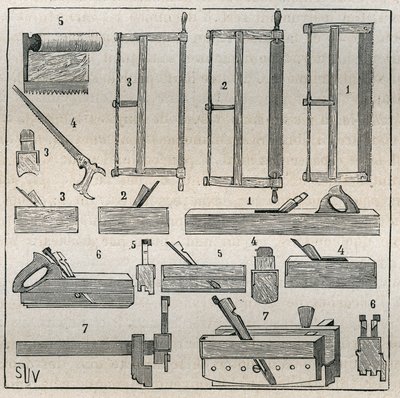Ebanisteria: strumenti usuali, seghe e pialle. Incisione del 1885 in "Les arts et métiers illustrés" di Adolphe Bitard da French School