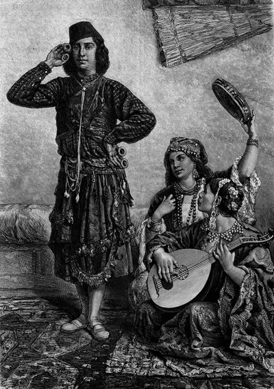 Musicisti e ballerini egiziani. Uomo tiene cembali tra le dita. Incisione in "Le Journal de la jeunesse" da French School