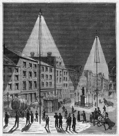Illuminazione elettrica della città di Norwich in Inghilterra nel XIX secolo - Incisione in "Scienze alla portata di tutti - fisica e chimica popolari" di Alexis Clerc - Fine XIX secolo da French School