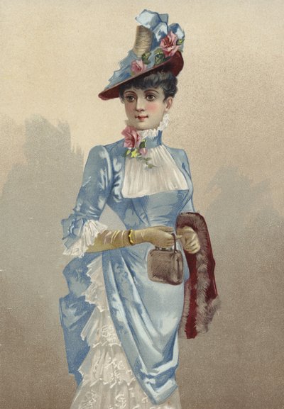 Elegante giovane donna in abito blu, con piccola borsa da French School