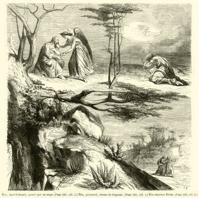 Elia nel deserto, nutrito da un angelo, Elia prostrato ascolta il Signore, Elia porta via Eliseo da French School