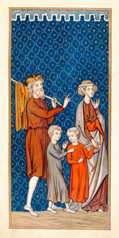 Elimelech e sua moglie Naomi con i loro due figli che lasciano Betlemme dopo una carestia, copia di una miniatura del XVI secolo da French School