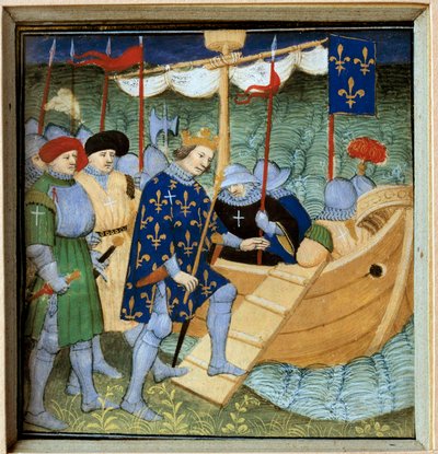 Imbarco di San Luigi (Luigi IX) (1214-1270) per la 7ª Crociata Miniatura della Scuola Francese da French School