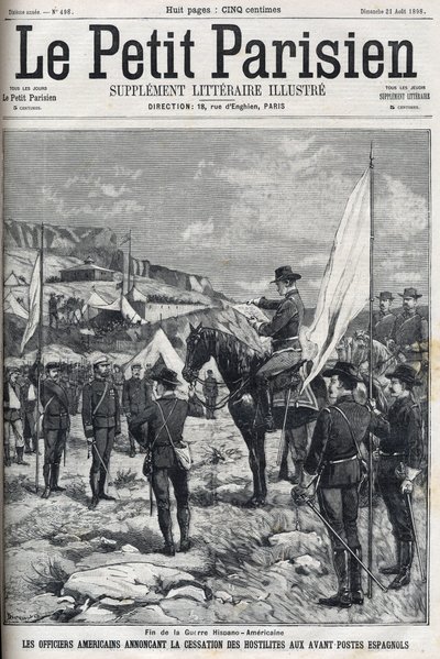 Fine della guerra ispano-americana nel 1898. Ufficiali americani annunciano la cessazione delle ostilità agli avamposti spagnoli. Incisione in 