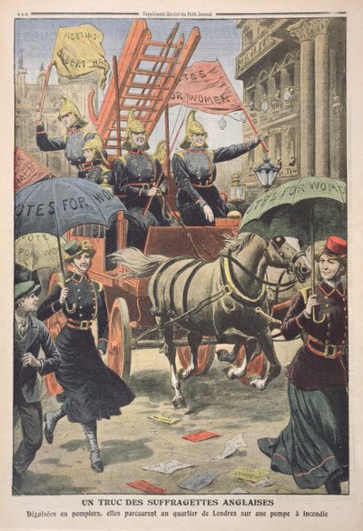 Suffragette inglesi vestite da pompieri, da Le Petit Journal, 3 aprile 1910 da French School
