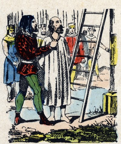 Enguerrand de Marigny (1260-1315) condannato da una commissione riunita a Vincennes, fu impiccato nel patibolo di Montfaucon che aveva eretto - Quando Filippo IV muore, il suo ministro impopolare, Enguerrand de Marigny, è accusato (ingiustamente) di vari c da French School