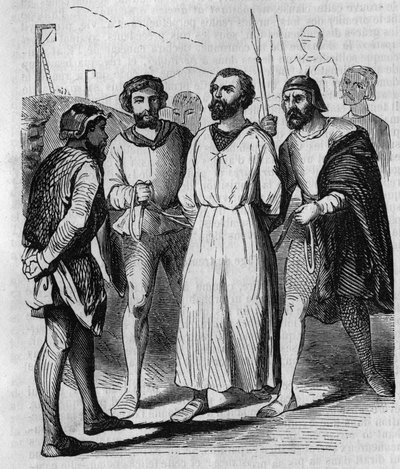 Enguerrand de Marigny ciambellano e ministro del re Filippo IV il Bello marcia verso la tortura nel 1315. Incisione del XIX secolo. da French School