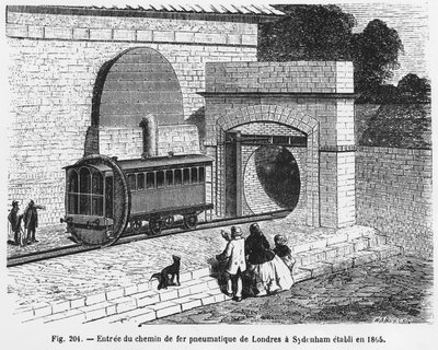 Ingresso della ferrovia pneumatica da Londra a Sydenham, istituita nel 1865 - in “The Wonders of Science”, di L. Figuier da French School