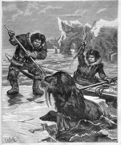 Esquimesi - pesca al tricheco - Esquimesi - pesca al tricheco nel 1888 - incisione in "Journal des Voyages" 1888 da French School
