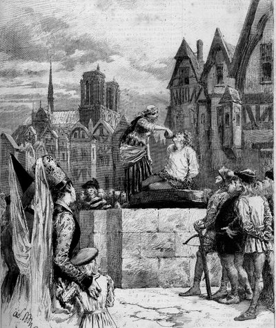 Esmeralda che dà da bere a Quasimodo sulla Place de Grève. Illustrazione di "Notre Dame de Paris" di Victor Hugo (1802-1885). Incisione del 1879 da French School