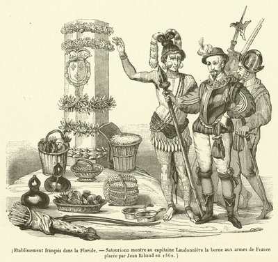 Insediamento francese in Florida, Satouriona mostra al capitano Laudonniere il segno con le armi di Francia posto da Jean Ribaud nel 1562 (incisione) da French School