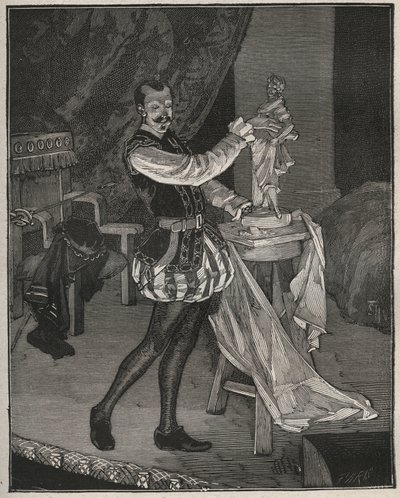 Etienne Marin Melingue (1808-1875), attore francese che interpreta lo scultore Benvenuto Cellini in "Ascanio" di Alexandre Dumas padre, adattato per il teatro da Paul Meurice. Incisione del 1880 in "Les arts et metiers illustres" di Adolphe Bitard da French School