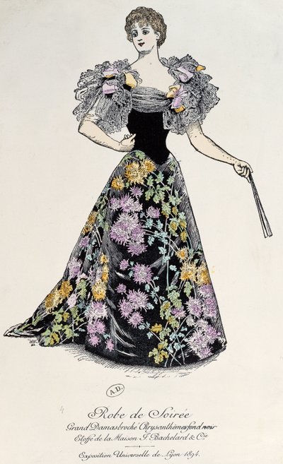 Abito da sera in damasco con broccato di crisantemi su sfondo nero, 1894 da French School