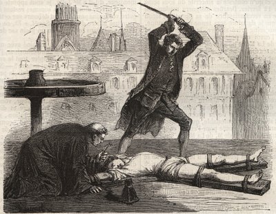 Esecuzione (Le torice de la roue) del velenatore Antoine-Francois Desrues (1744-1777) sulla Place des Greves a Parigi nel 1777 - Punizione di Desrues, spezzato sulla ruota sulla Place de Greve a Parigi da French School