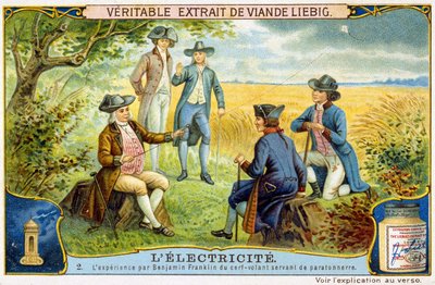 Esperimento di Benjamin Franklin con cervi volanti usati come parafulmine - adesivo pubblicitario Liébig da French School