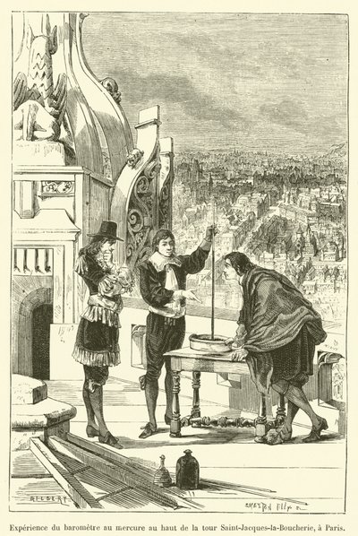 Esperimento del barometro a mercurio in cima alla torre Saint-Jacques-la-Boucherie, a Parigi da French School
