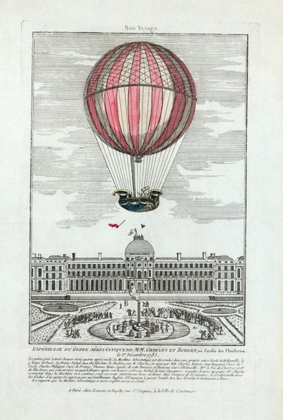 Esperimento del globo aerostatico di MM. Charles e Robert al Giardino delle Tuileries il 1 dicembre 1783, pub. 1783 (incisione colorata a mano) da French School