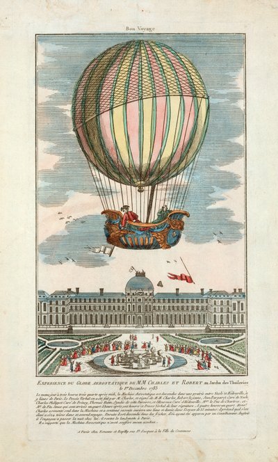 Esperienza del globo aerostatico di MM. Charles e Robert al Giardino delle Tuileries il 1º dicembre 1783, pub. 1783 da French School