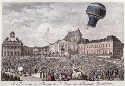 Esperimento a Versailles dei fratelli Montgolfier con il volo in una mongolfiera di un gallo, un