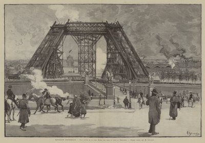 Exposition Universelle, stato attuale della Torre Eiffel, vista dal parco del Trocadero (incisione) da French School