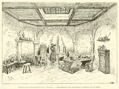 Esposizione retrospettiva del lavoro, ricostruzione di un laboratorio di chimica del XVII secolo da French School