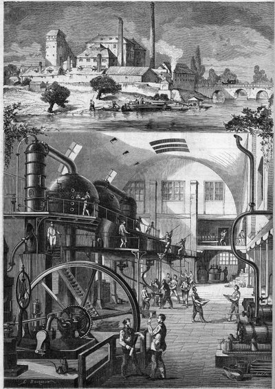 Veduta esterna e principali laboratori della grande raffineria di zucchero Les Recollets, di proprietà del signor Cedard a Nantes nel 1864. Incisione in "Le Monde Illustré" n. 380 del 23 luglio 1864 da French School