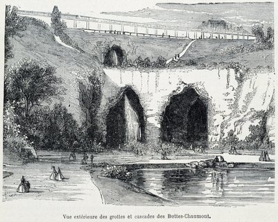 Vista esterna delle cascate e delle grotte delle Buttes Chaumont, incisione del XIX secolo da French School