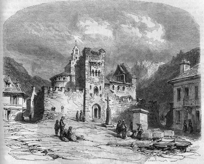 Vista esterna della chiesa di Saint Andre (chiesa dei Templari), fortificata nel XIV secolo. Luz saint saviour (Luz-Saint-Sauveur), Hautes Pyrennees (65) da French School