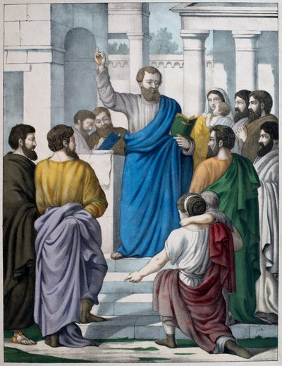 Esdra legge il libro della legge di Mosè, illustrazione da un catechismo L