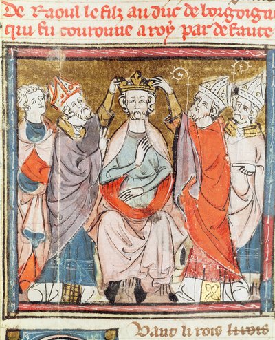 F.188r Raoul, figlio del Duca di Borgogna, incoronato Re di Francia, dalle Grandes Chroniques de France, 1375-79 da French School