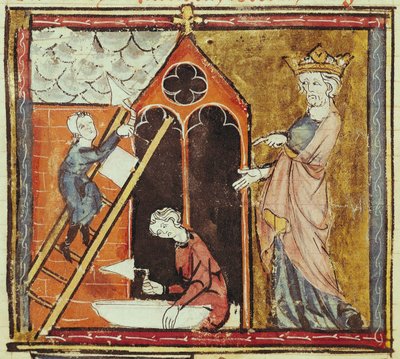 F.235v Re Luigi VI (1080-1137) che osserva la costruzione di una chiesa, dalle Grandes Chroniques de France 1375-79 da French School