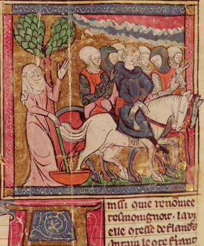 F.288r Ferdinando del Portogallo (1186-1233) Conte delle Fiandre portato prigioniero a Parigi dopo la Battaglia di Bouvines, 27 luglio 1214, Grandes Chroniques de France, 1375-79 da French School