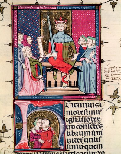 F.39r Legge coniugale, una moglie adultera che appare in tribunale, da Justiniani in Fortiatum da French School