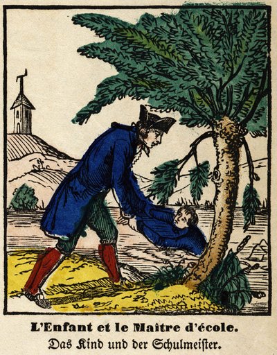 Favole di La Fontaine: il bambino e il maestro di scuola. Immagine di Epinal, prima metà del XIX secolo da French School