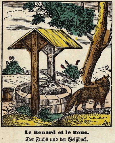 Favole di La Fontaine: la volpe e il buon. Immagine di Epinal, prima metà del XIX secolo da French School
